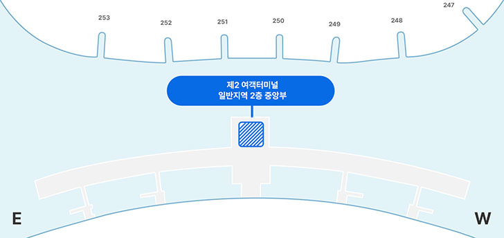 제2여객터미널 2층 면세지역, 일반지역을 나타내고 있습니다. 정부종합행정센터는 일반지역의 중앙부에 위치하고 있습니다.